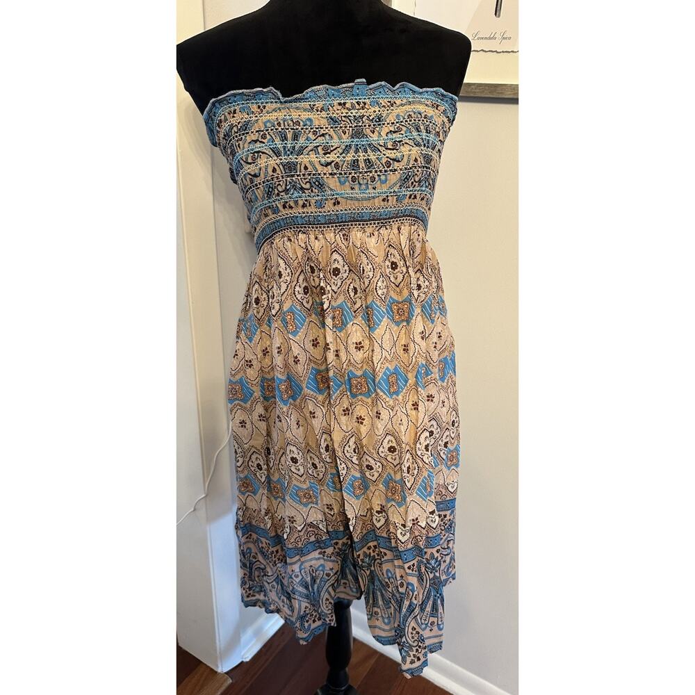 Raviya Smock Tube Dress Strapless Size Medium Blue Beige Paisley Boho Beach NEW